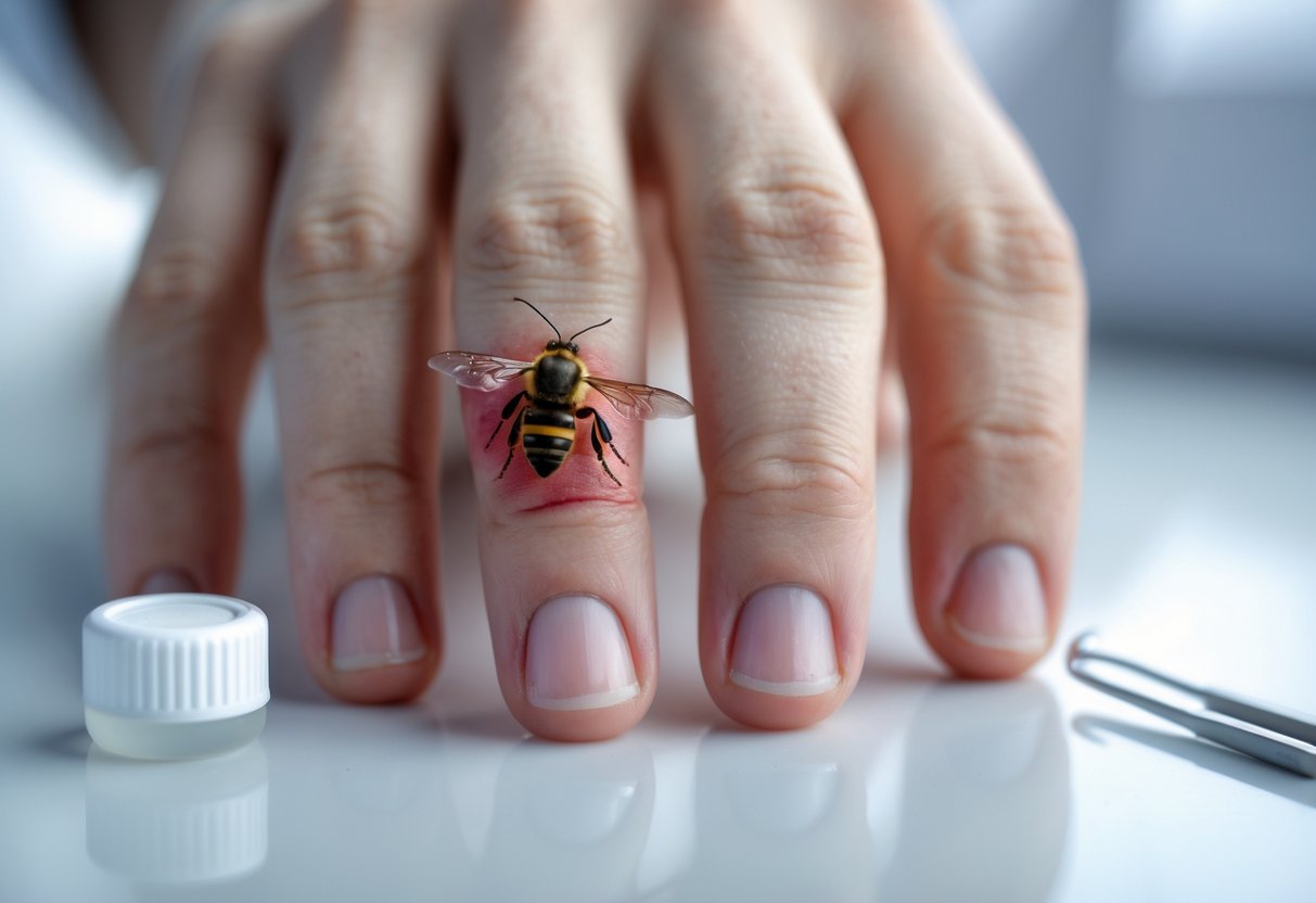 Close-up of a hand with a bee sting showing redness and swelling, with medical items nearby.