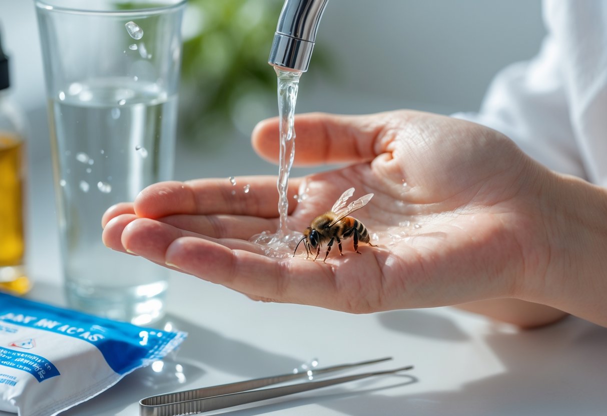 A close-up of a hand rinsing a bee sting on the skin with water in a clean setting.