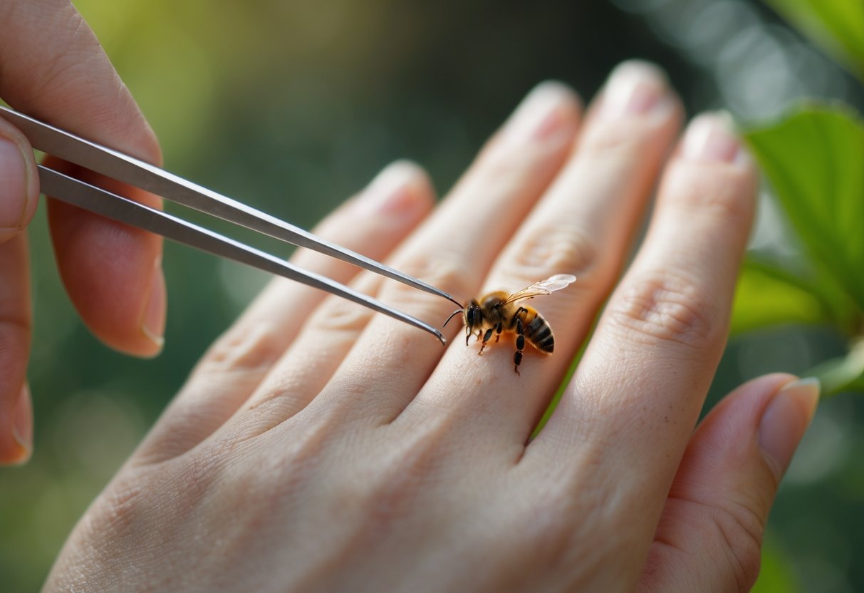 A close-up of a hand carefully removing a bee stinger with tweezers outdoors.