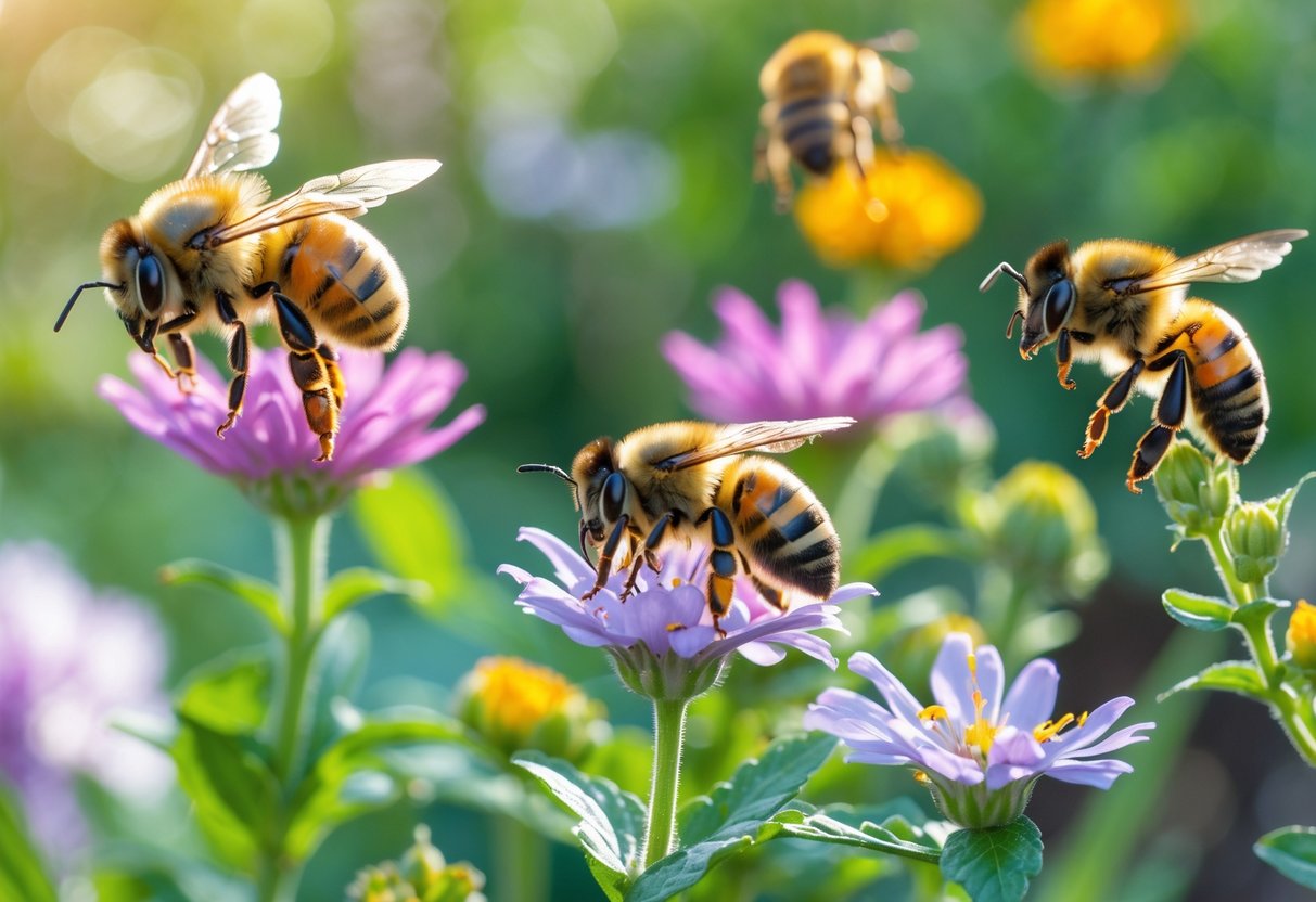 Various types of bees on colorful flowers in a garden, showing differences in size and color.
