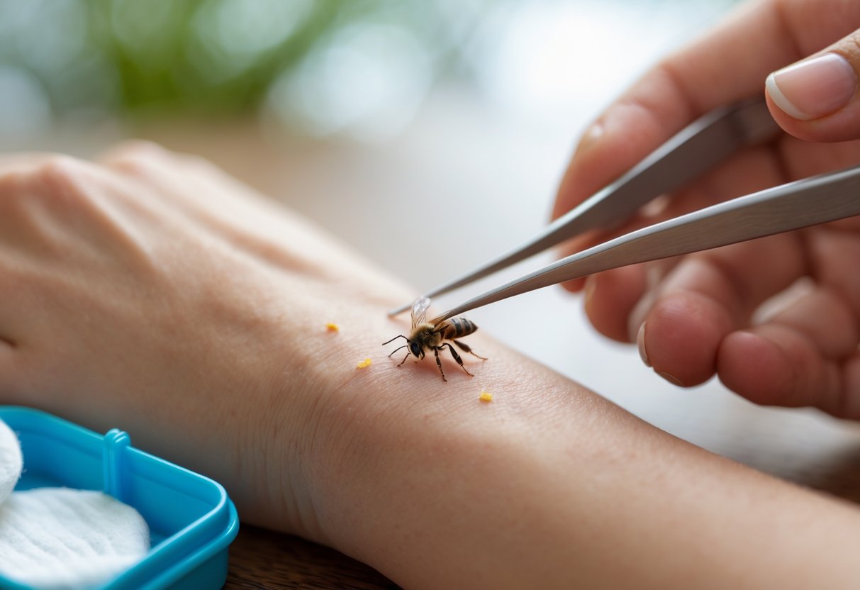 A person carefully removing a bee sting from their hand with tweezers, with a first aid kit nearby.