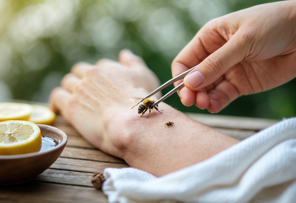 A close-up of a hand removing a bee stinger from the skin with tweezers, next to a bowl of water with lemon slices and a white cloth on a wooden surface outdoors.