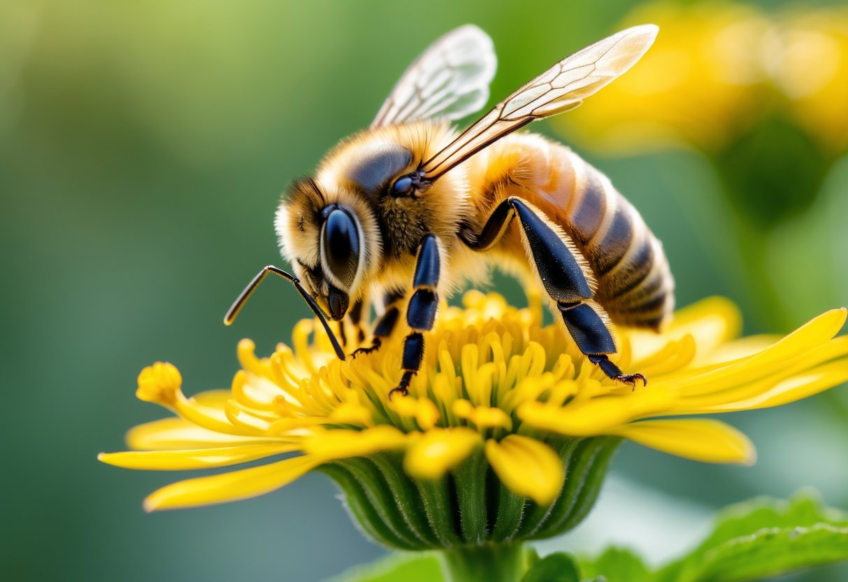 A honeybee sitting on a yellow flower with green blurred background.