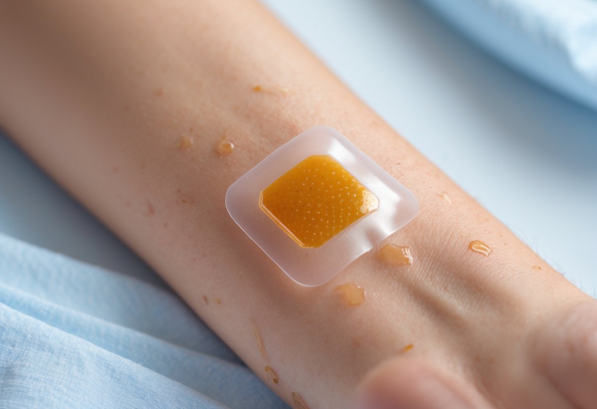 Close-up of a forearm with a small patch applied, showing slight redness and swelling around it.