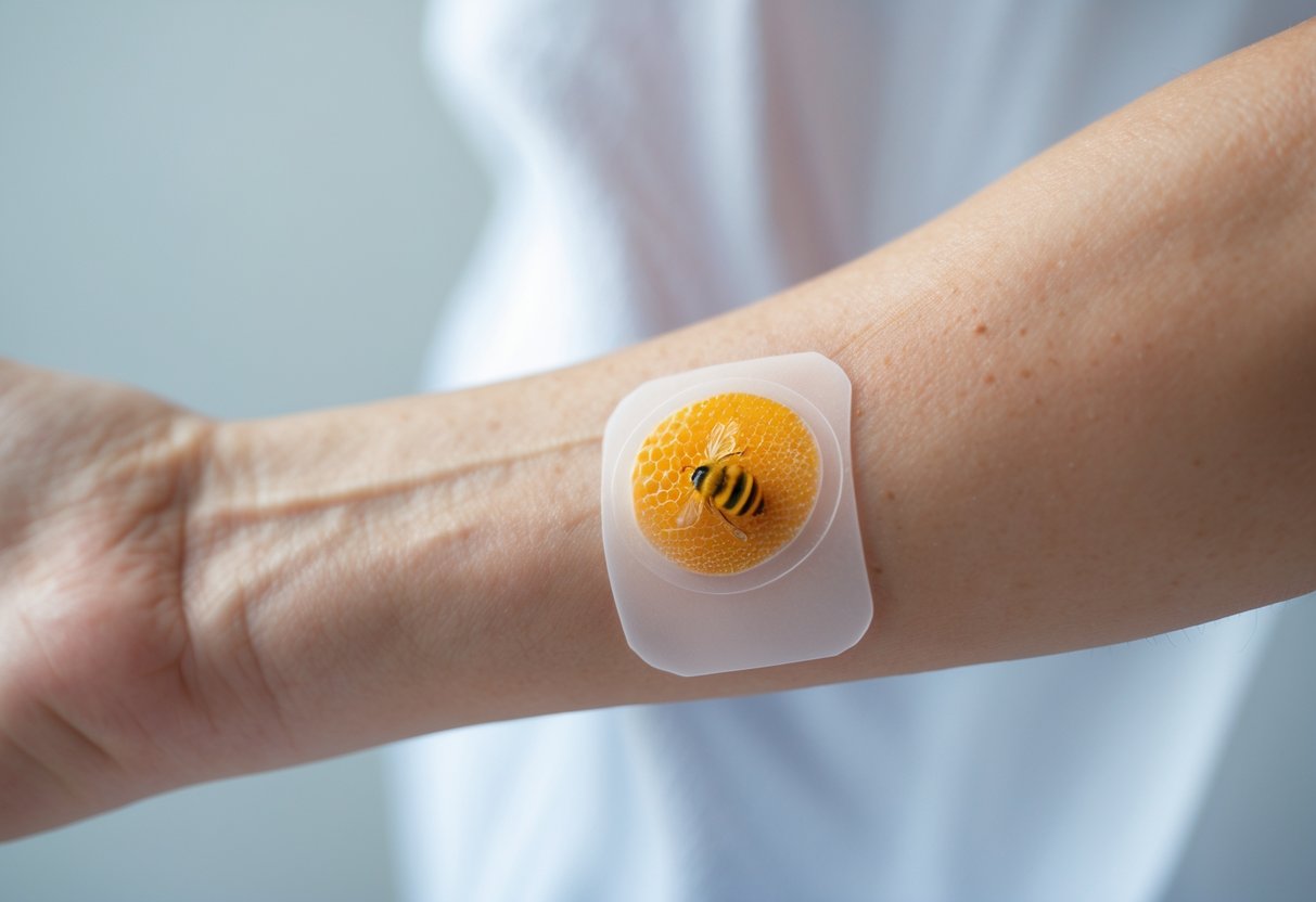 Close-up of a person's forearm with a small bee venom patch applied, showing mild redness around the patch.