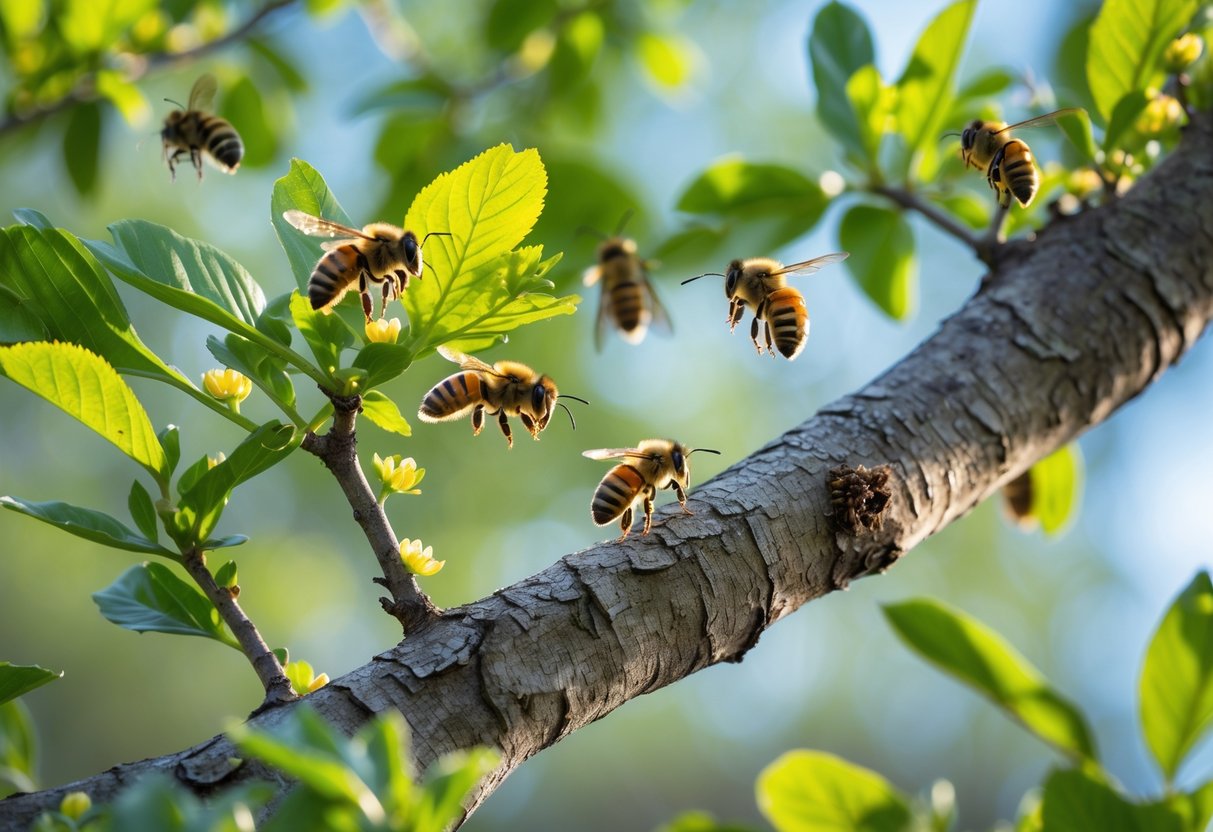 Close-up of a tree branch with green leaves and honey bees flying and landing on it.