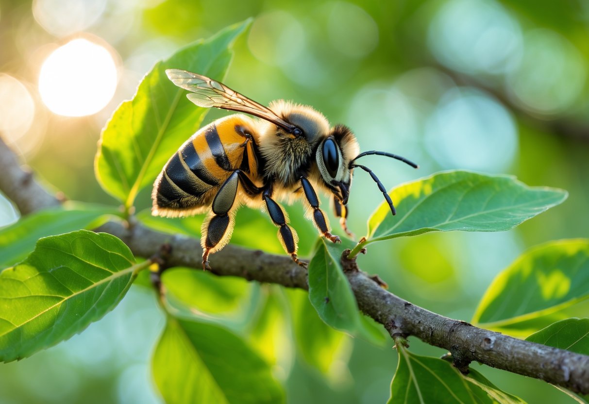 A close-up of a tree bee resting on green leaves of a tree branch in daylight.