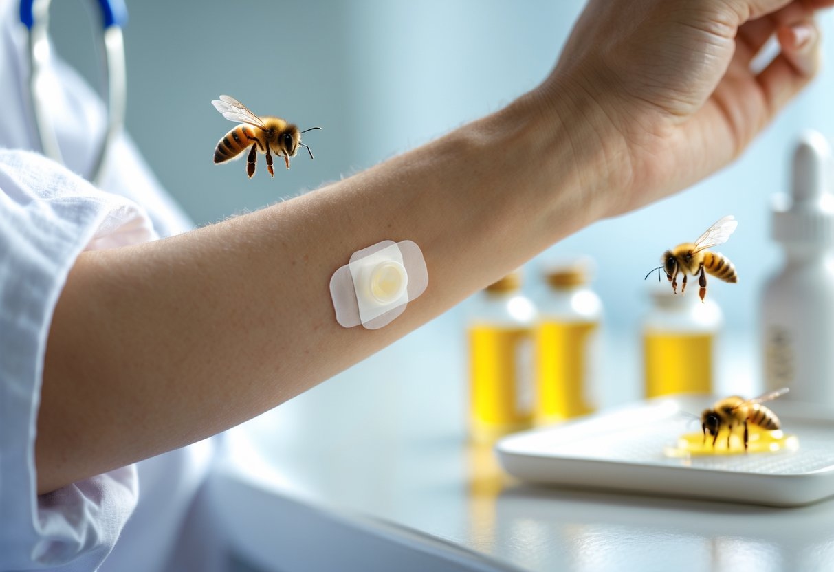 Close-up of a person's forearm with a small patch applied, honeybees nearby, and medical tools blurred in the background.