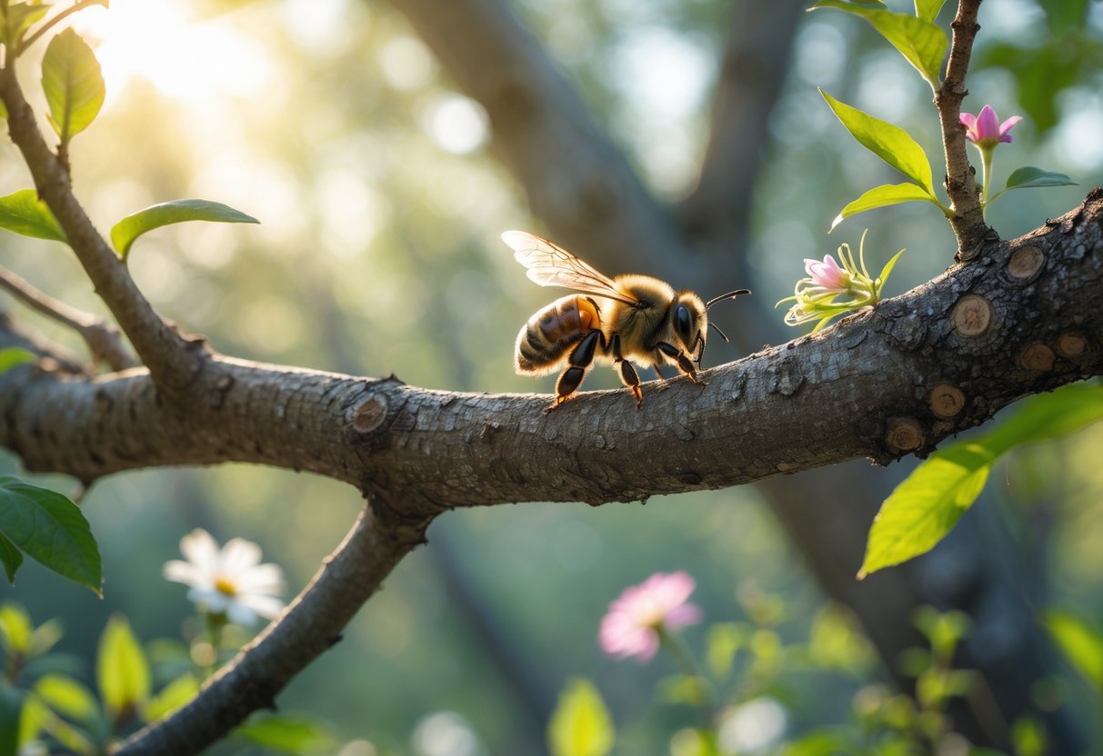 A close-up of a bee resting on a tree branch surrounded by leaves and flowers in a forest setting.