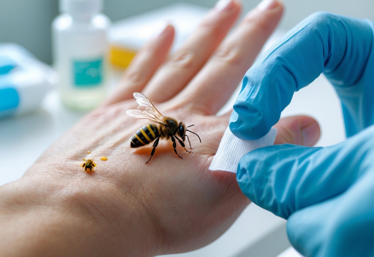 A healthcare professional examining a bee sting on a person's hand in a clinical setting.