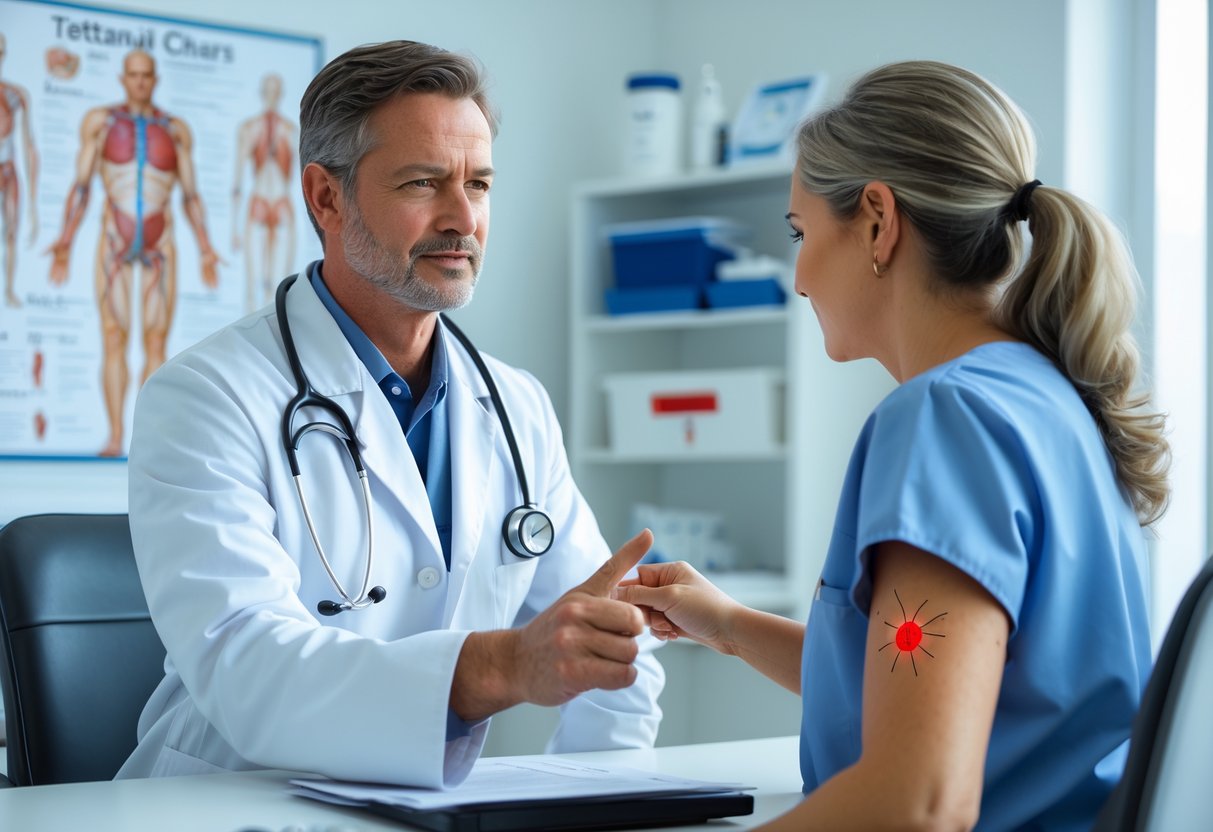 A healthcare professional talks to a patient pointing at a bee sting on their arm in a medical office.