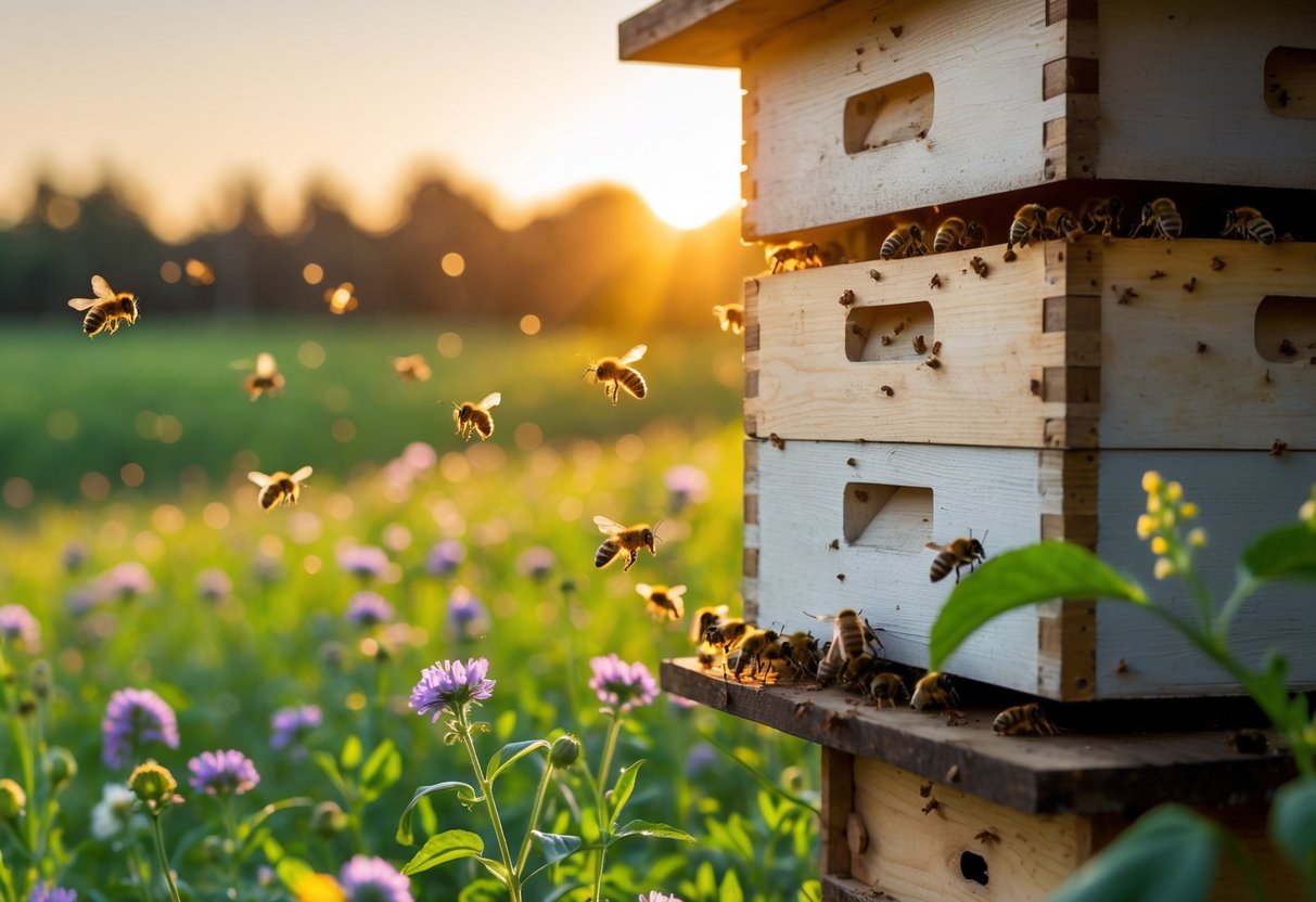 Bees returning to a beehive at dusk with wildflowers and a sunset sky in the background.