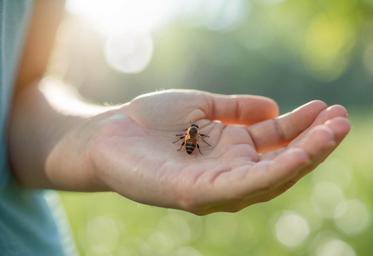 Close-up of a person's arm showing a fresh bee sting with slight redness and swelling.