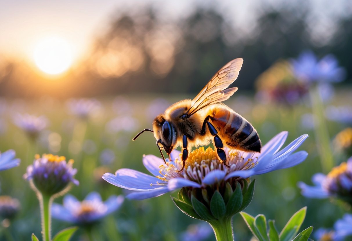 Close-up of a honeybee resting on a flower at twilight in a natural meadow.
