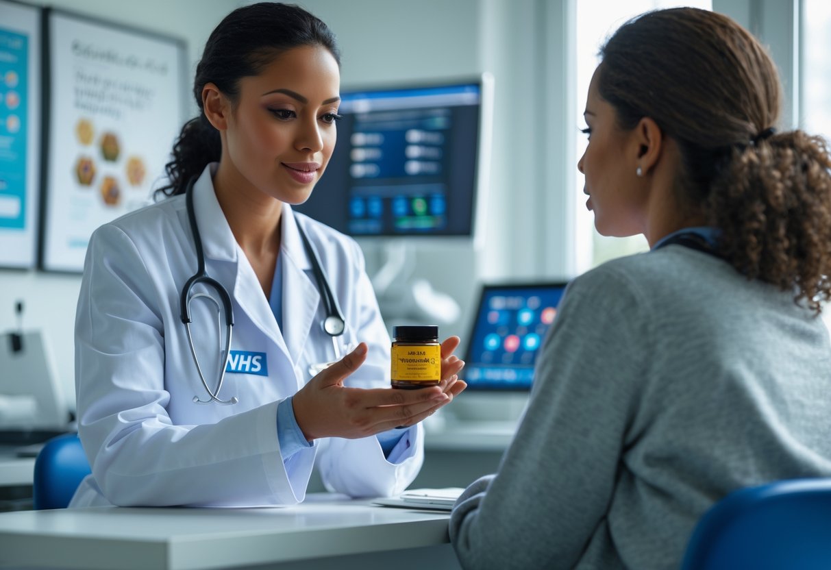 A healthcare professional in an NHS clinic showing a jar of bee venom cream to a patient.