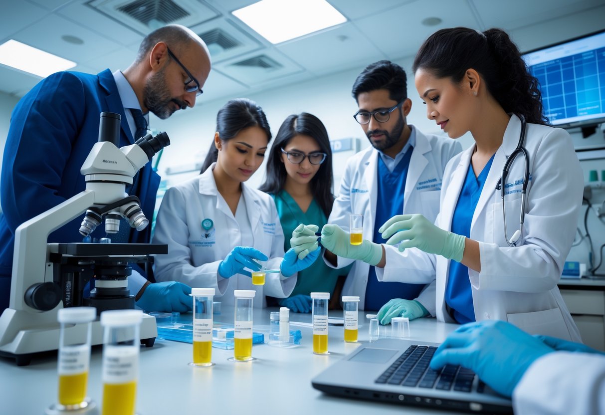 Healthcare professionals in a hospital lab examining bee venom cream samples and discussing research.