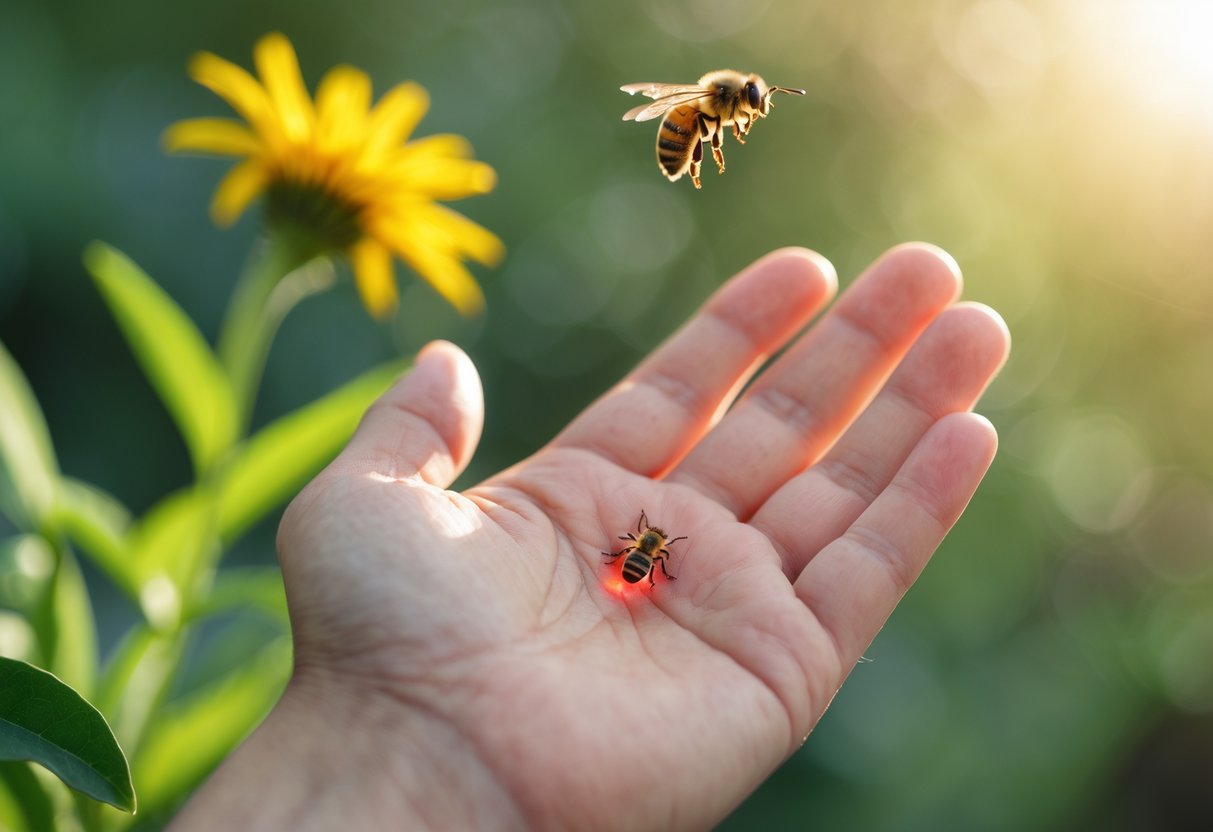 A close-up of a hand with a red, swollen bee sting and a bee flying near a yellow flower in the background.