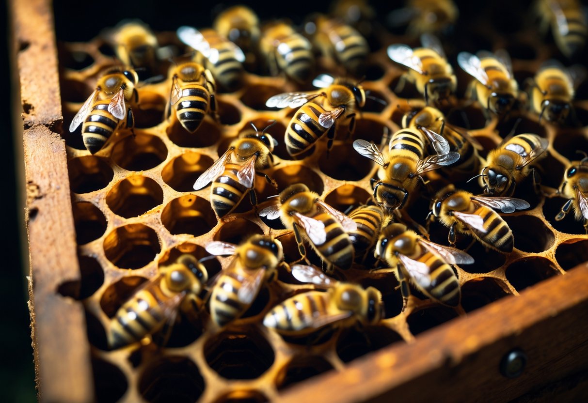 A close-up of honeybees resting on honeycomb inside a dark beehive at night.