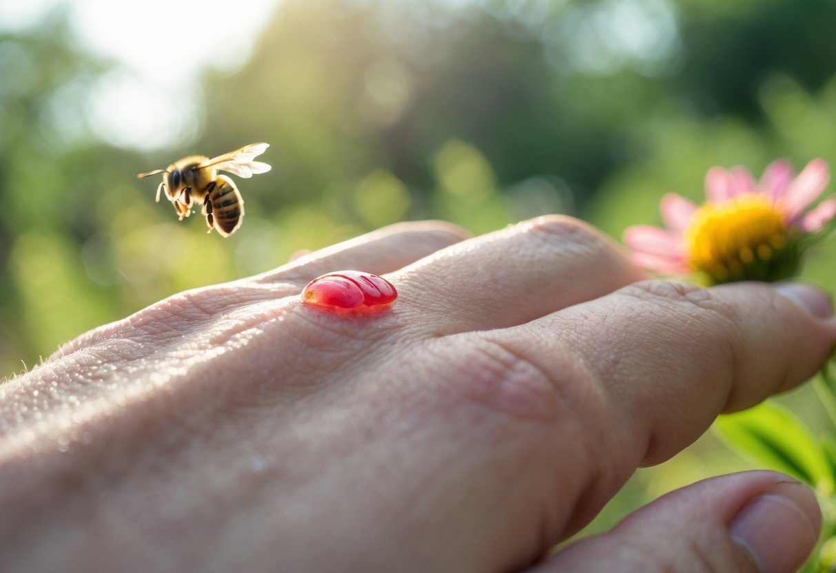 Close-up of a person's hand with a red, swollen bee sting and a honeybee near a flower in the background.