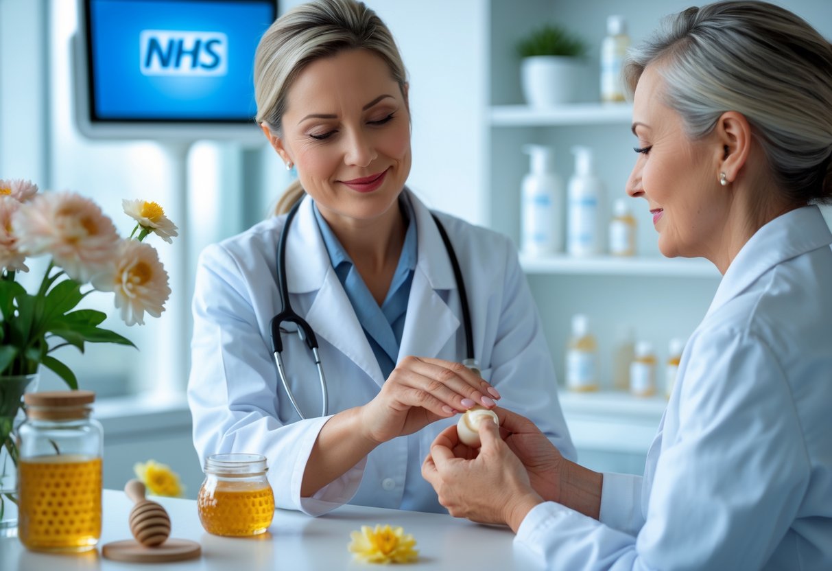 A healthcare professional applies cream to a patient's hand in a medical office with natural elements like honey and flowers nearby.