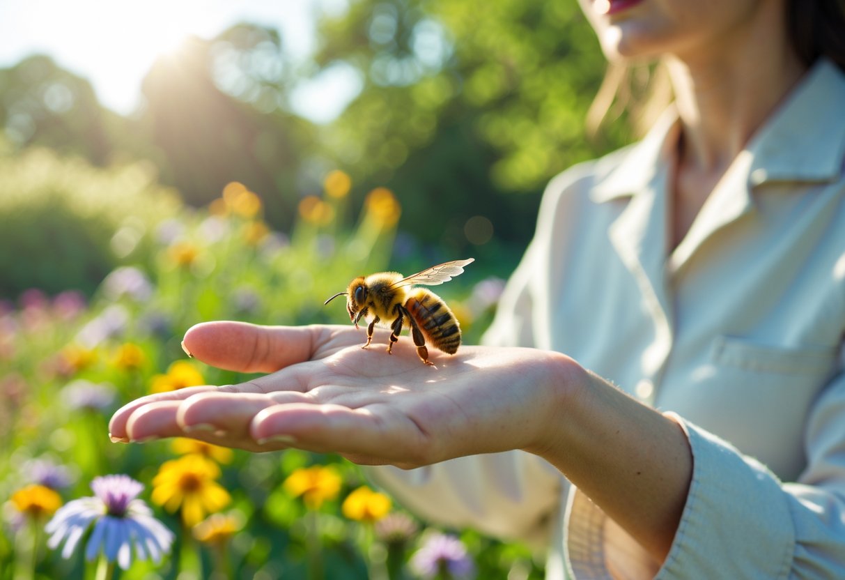 A person calmly holding a honeybee resting on their hand outdoors surrounded by flowers and greenery.