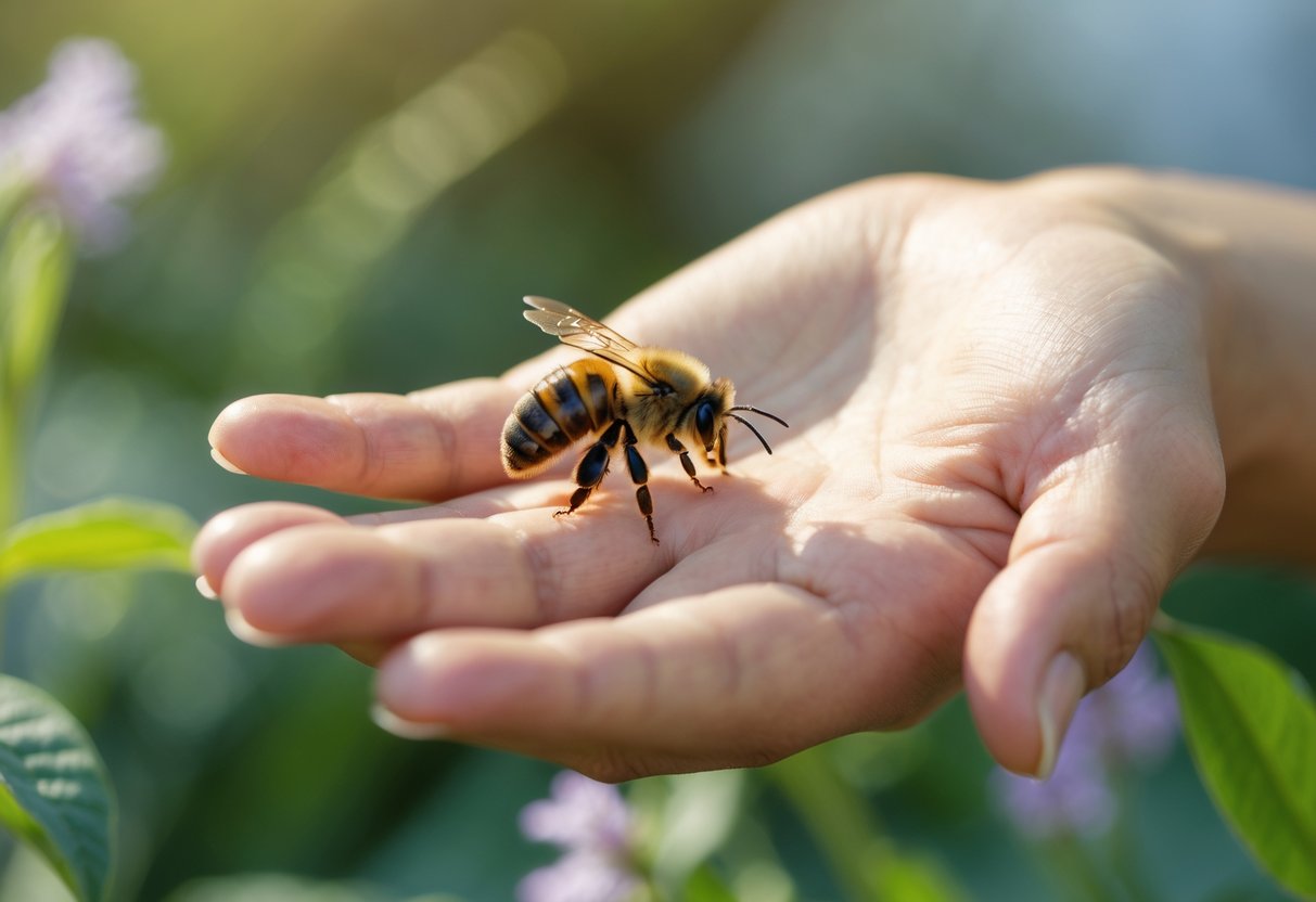 A close-up of a person's hand calmly moving away a bee that has landed on their skin outdoors.