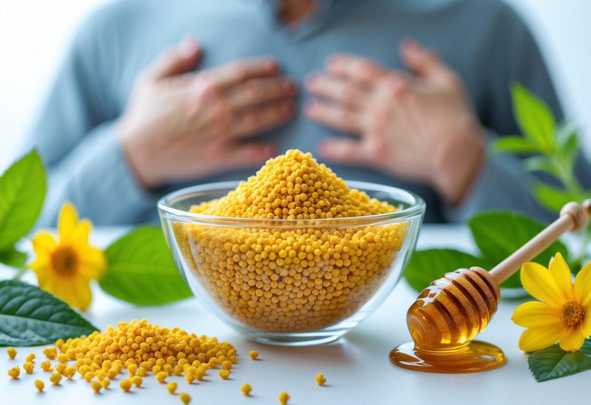 Close-up of a glass bowl filled with bee pollen granules surrounded by flowers and leaves, with a blurred person holding their chest in the background.