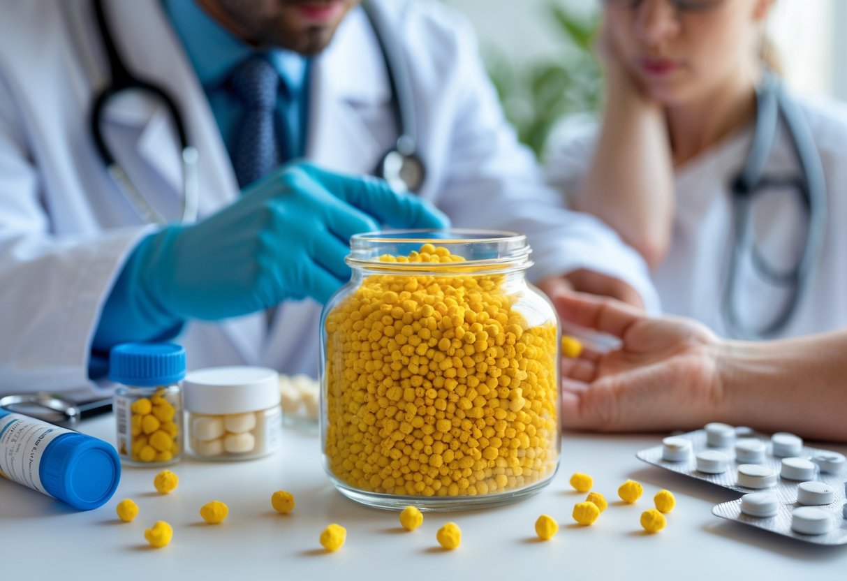 A close-up of a jar of bee pollen granules on a white surface surrounded by medical items, with a healthcare professional examining a patient's hand in the background.