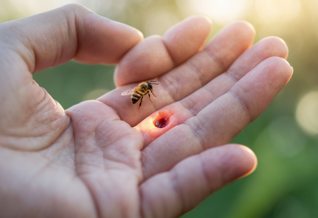 Close-up of a hand with a small red swollen area from a bee sting being gently touched by the other hand.