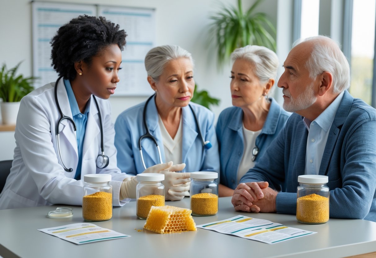 A healthcare professional discusses bee pollen supplements with a middle-aged woman and an elderly man in a bright clinic setting, with jars of bee pollen on the table.