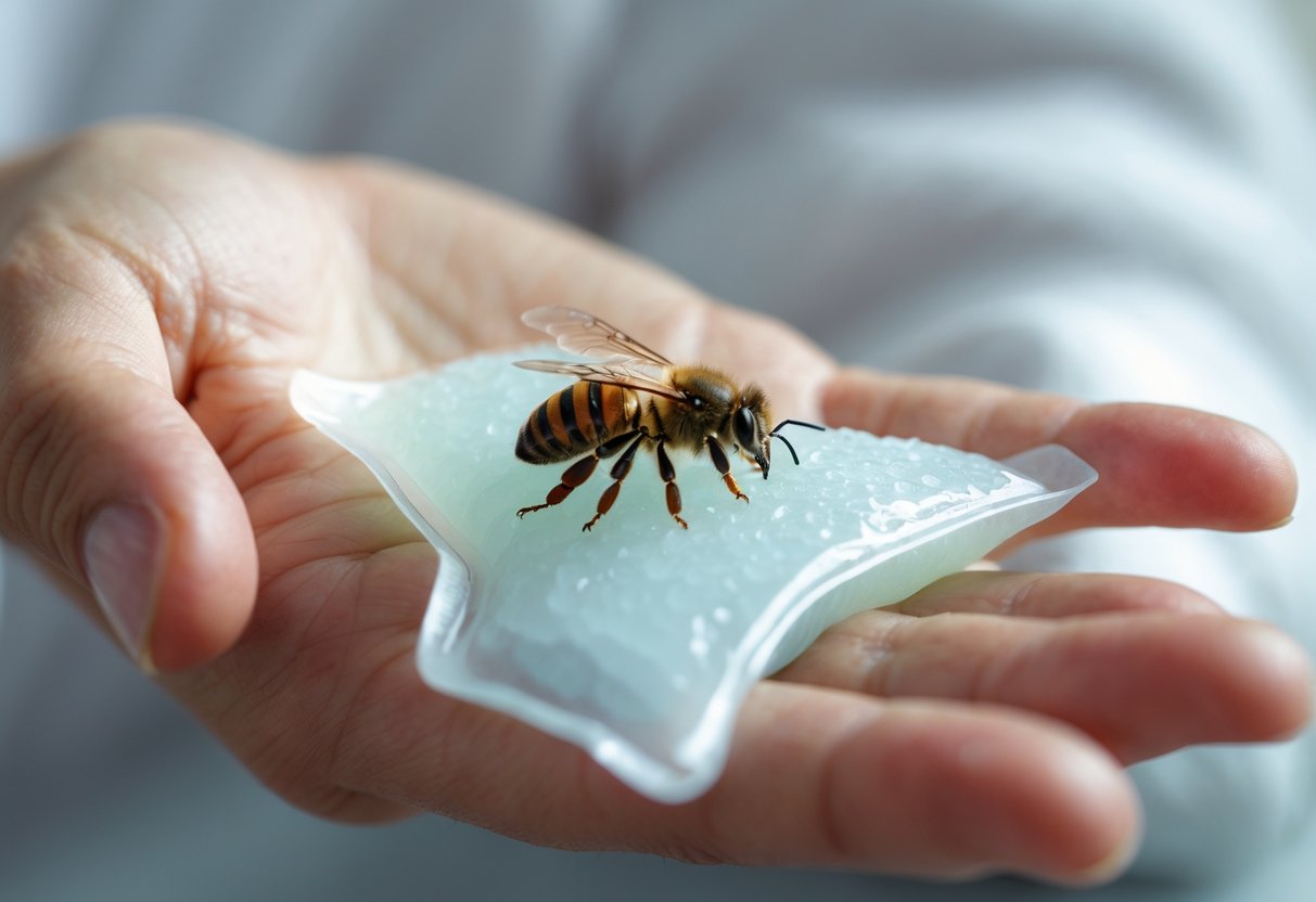 Close-up of a hand applying a cold compress to a swollen, red bee sting on the skin.