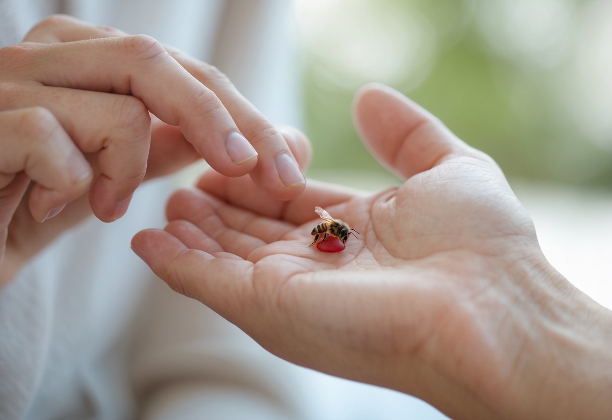 A person gently checking a small red bump on their hand caused by a bee sting.
