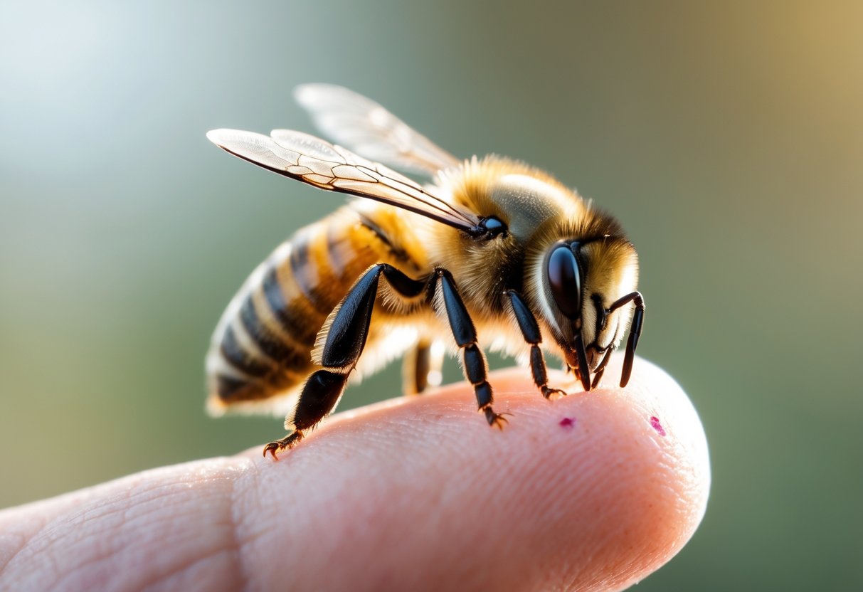 Close-up of a honeybee stinging a human finger with the stinger embedded in the skin.
