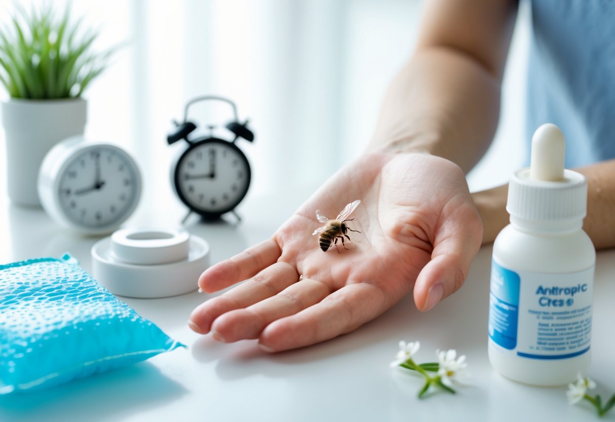 Close-up of a hand with a small bee sting, surrounded by an ice pack and antiseptic cream, illustrating recovery over time.