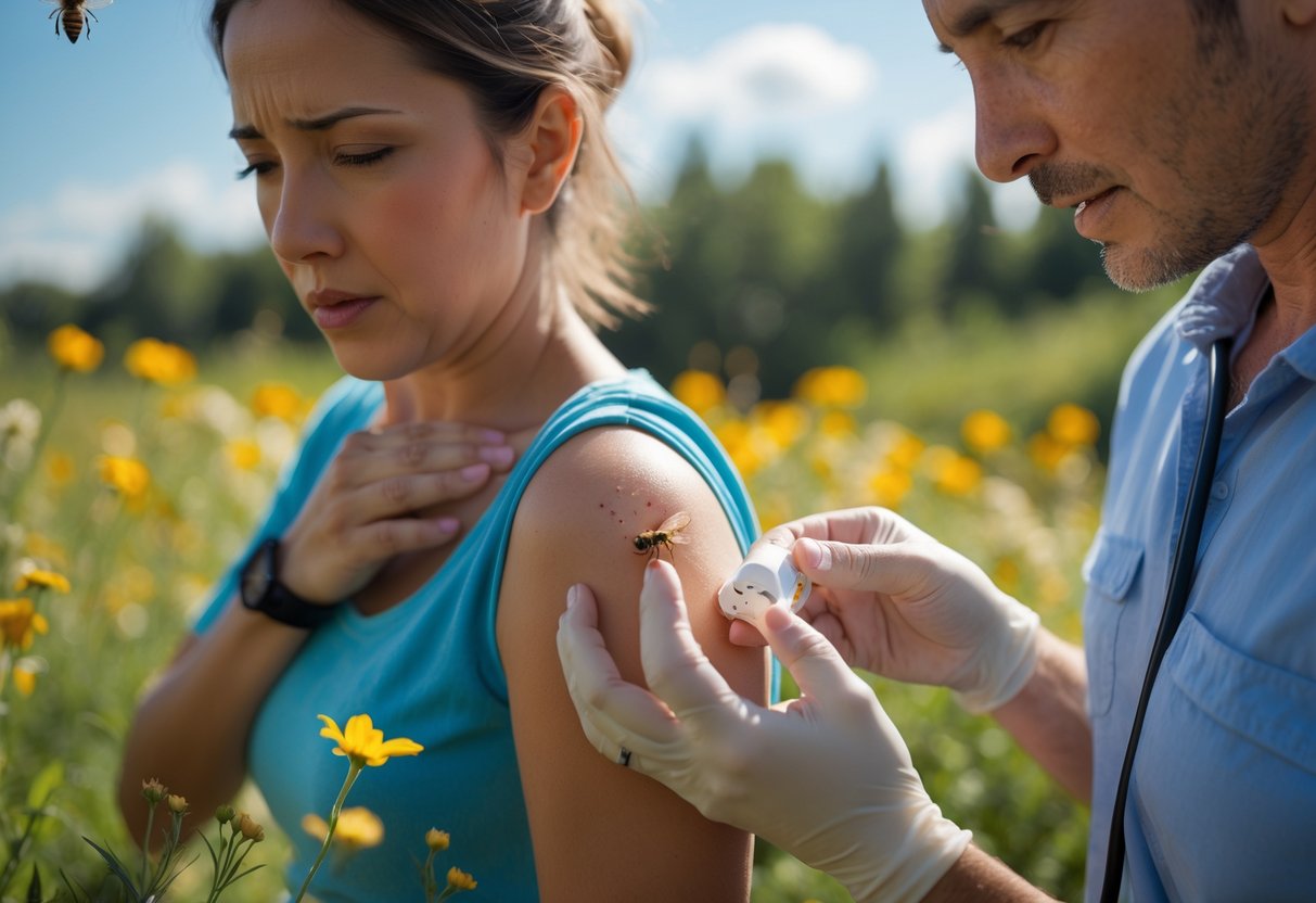 A person inspecting a bee sting on their arm while another person offers help with a first aid kit outdoors.