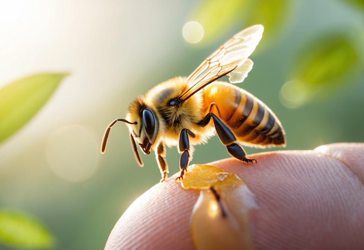 Close-up of a honeybee stinging a human finger outdoors with green leaves in the background.