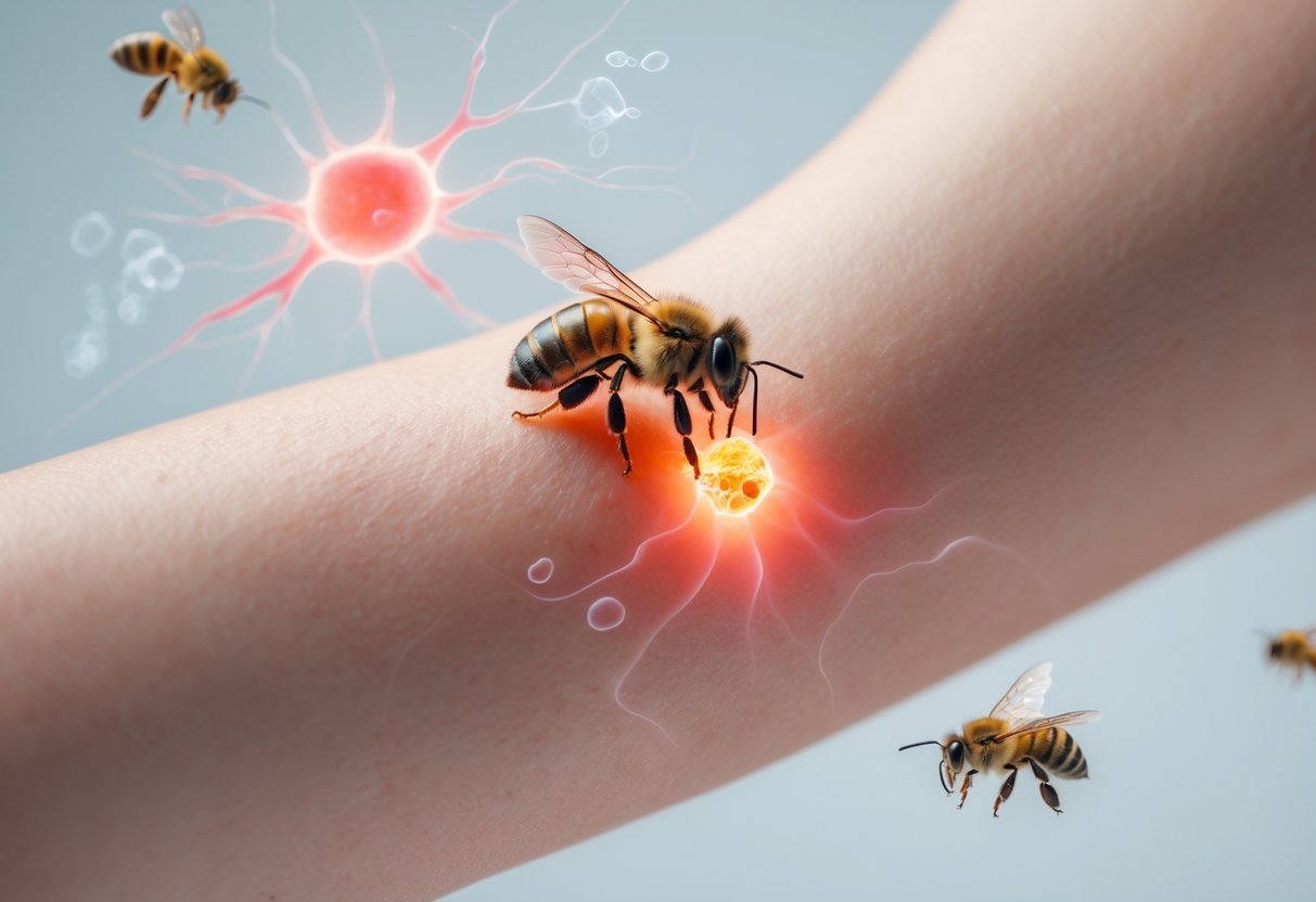 Close-up of a bee stinging a human arm with visible redness and illustrations of the body's immune response around the sting.