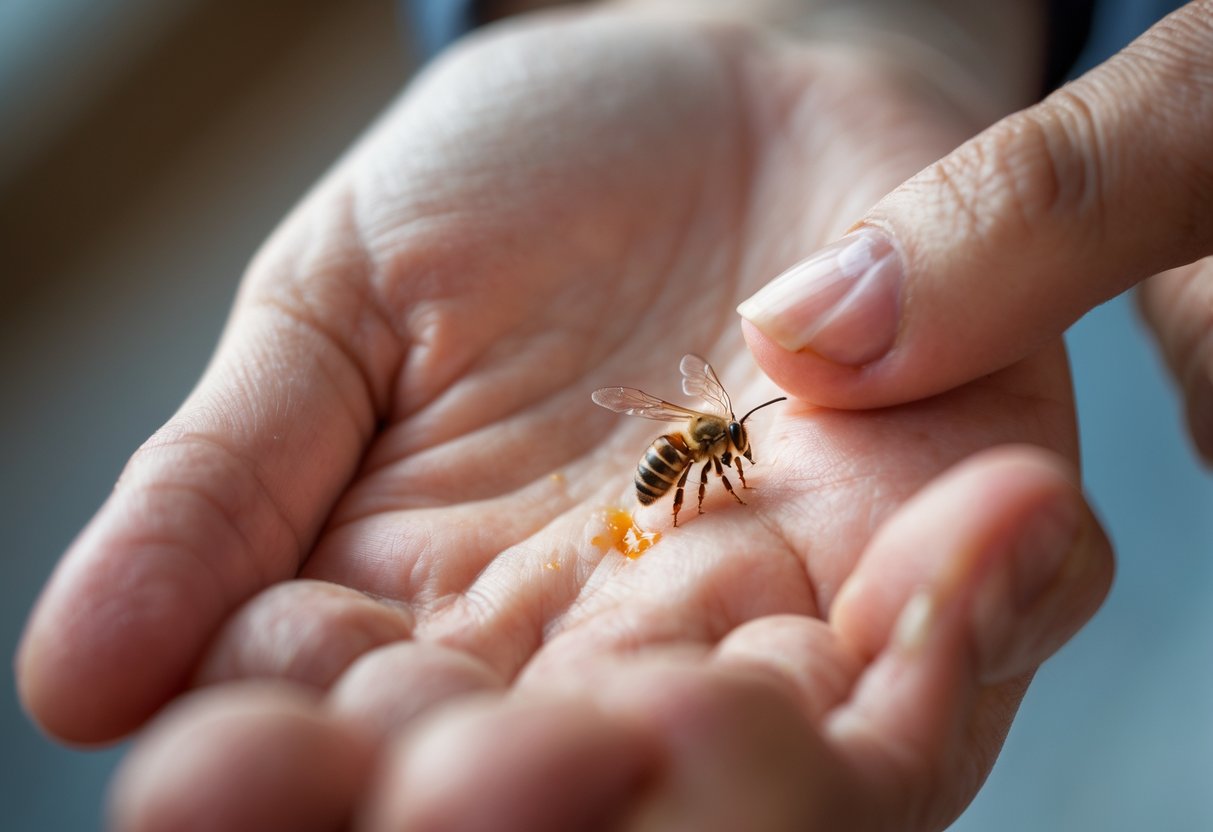 Close-up of a person's hand with a bee sting being gently examined by the other hand.