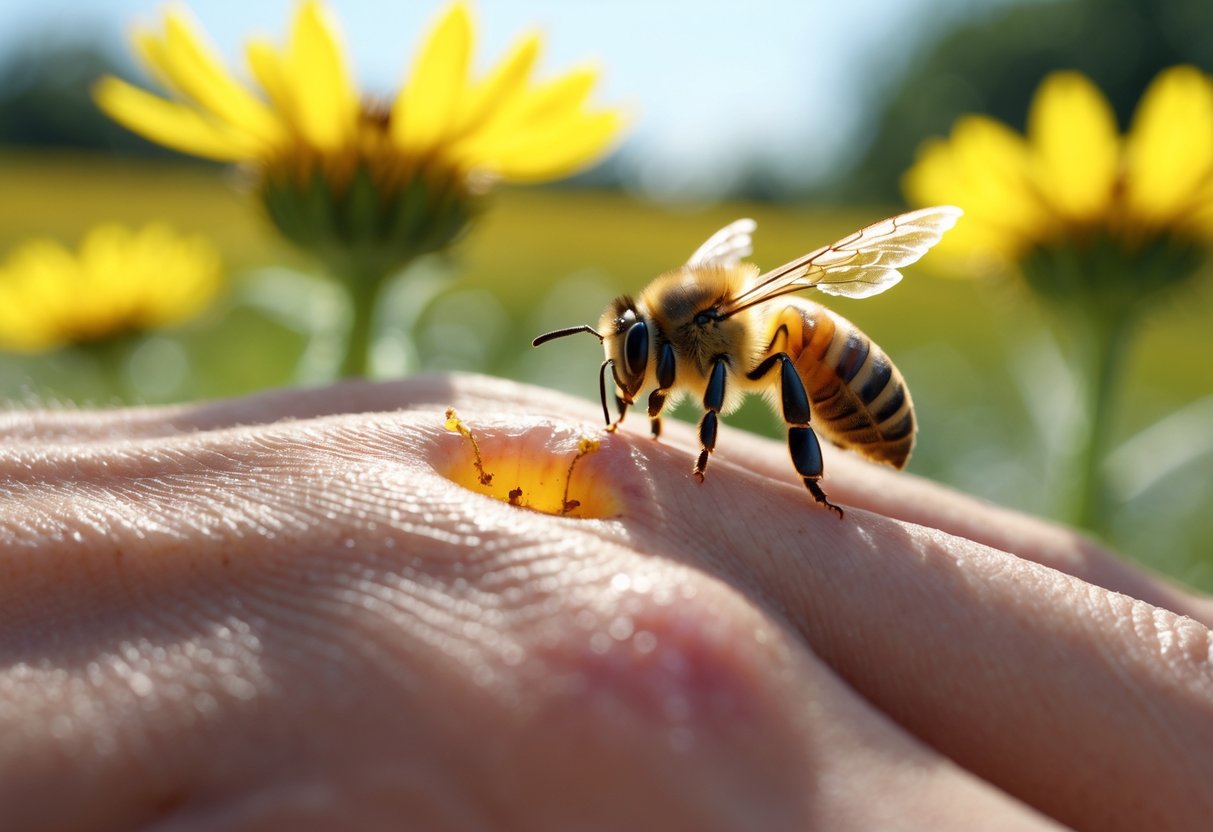 Close-up of a human hand with a bee sting showing redness, with a bee on a yellow flower nearby outdoors.