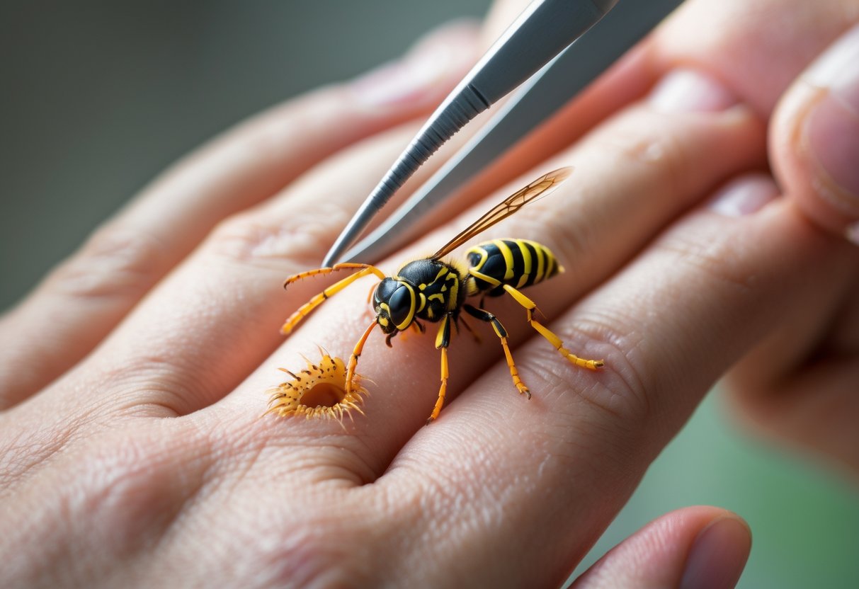 Close-up of a hand with a wasp stinger embedded in red, swollen skin, with tweezers approaching the stinger.