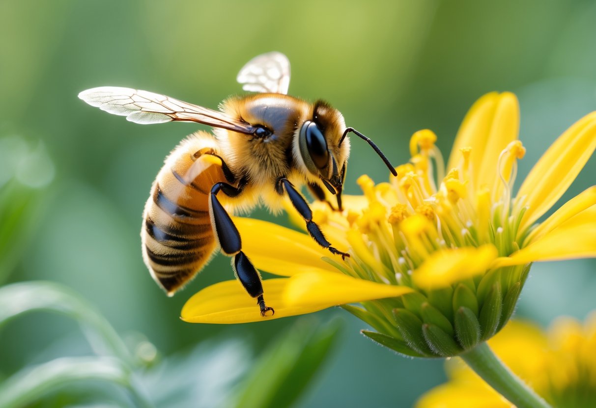 A close-up of a honeybee on a yellow flower with its stinger visible.