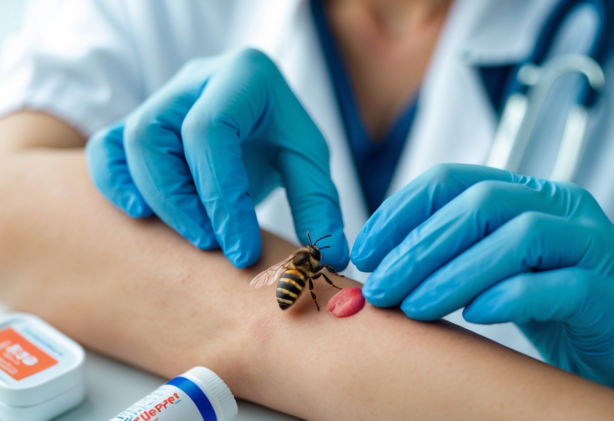 A person’s arm with a bee sting being examined by a healthcare professional wearing gloves, with a first aid kit nearby.