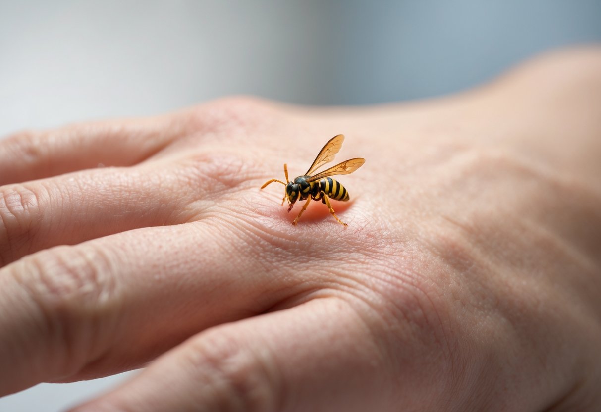 Close-up of a human hand with a wasp stinger embedded in the skin and mild redness around it.