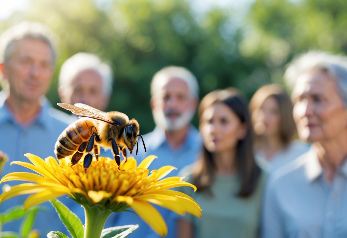 Close-up of a honeybee on a yellow flower with a blurred group of diverse people in the background showing different reactions.