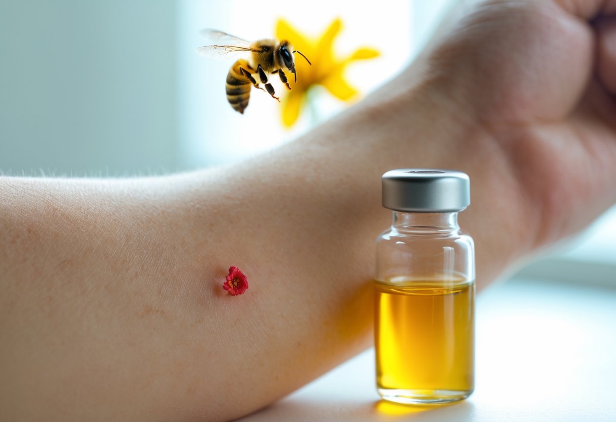 Close-up of a human arm with a small red bee sting mark, a vial of bee venom, and a honeybee near a yellow flower in the background.
