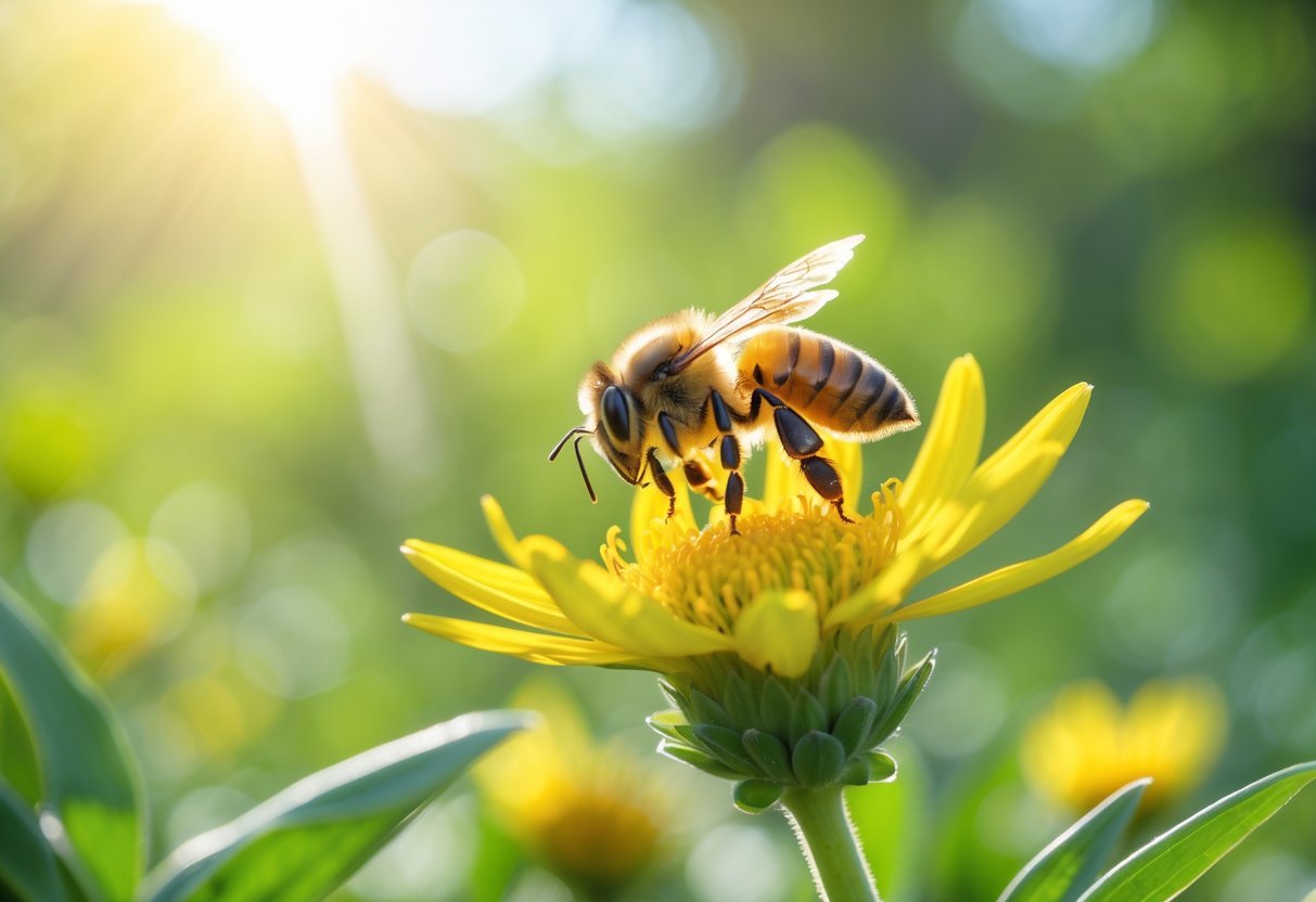 Close-up of a honeybee landing on a yellow flower with green blurred background.