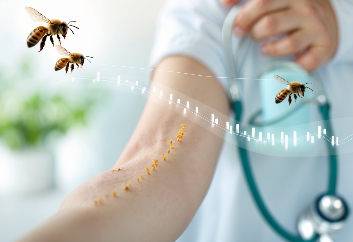 Close-up of a person's arm with a small bee sting mark, surrounded by subtle medical graphics symbolizing healing and the passage of time.