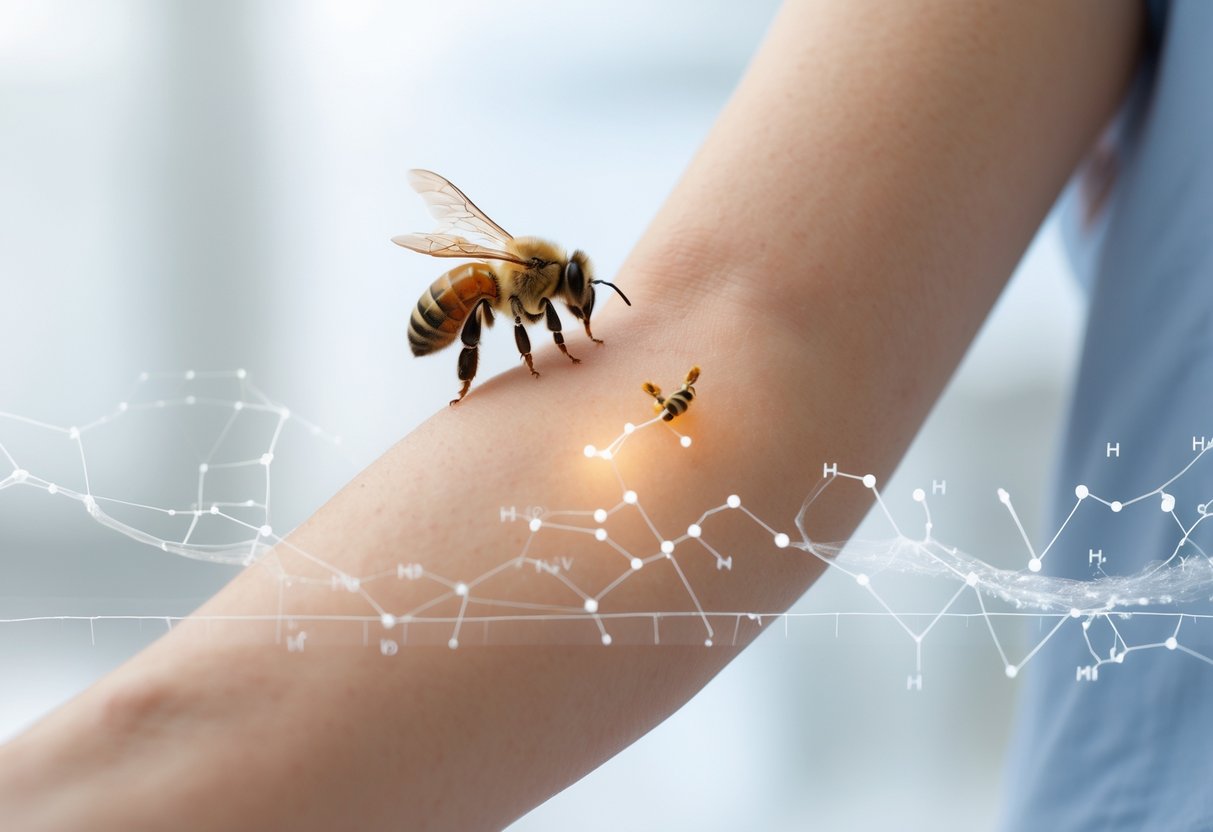 Close-up of a human arm with a bee sting and a honeybee hovering nearby, showing the sting site on the skin.