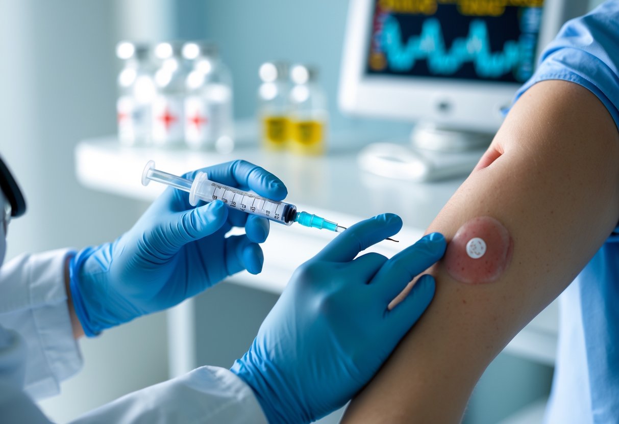 A healthcare professional injecting a patient's arm with a syringe, showing mild redness and swelling at the injection site in a clinical setting.