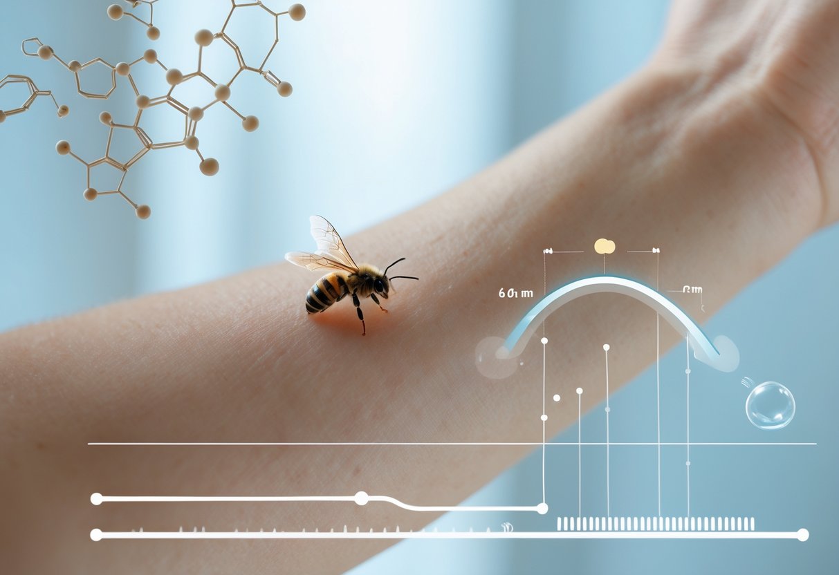 Close-up of a human arm showing a small bee sting with subtle graphics illustrating venom absorption and elimination over time.